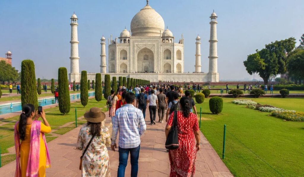 Visitors walking through the gardens at the Taj Mahal