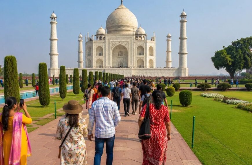 Visitors walking through the gardens at the Taj Mahal